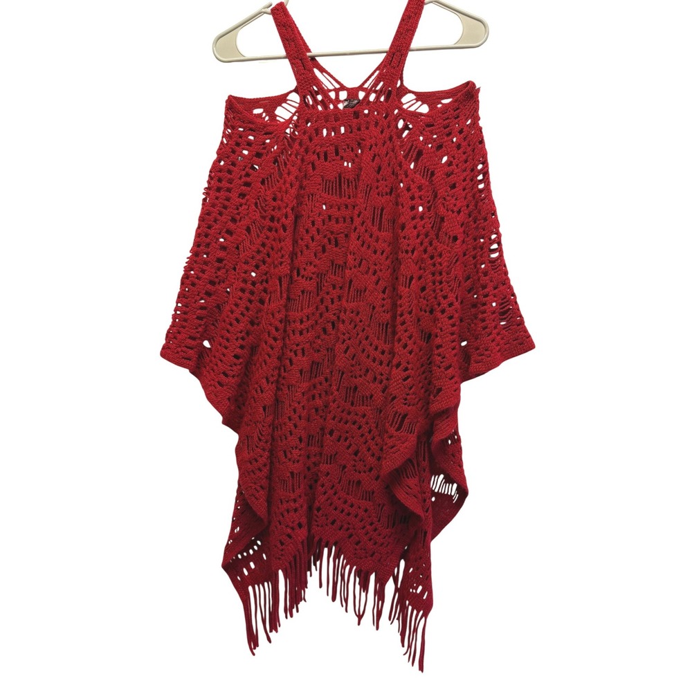LVS Collections Red Crochet Poncho Halter Cold Shoulder Fringe Festival One Size